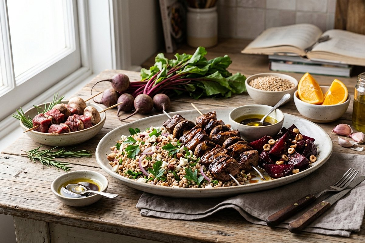 Beef & Mushroom Kebabs with Buckwheat Salad