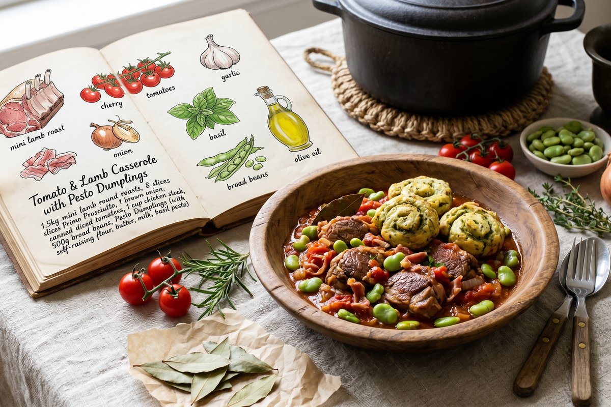 Tomato & Lamb Casserole with Pesto Dumplings