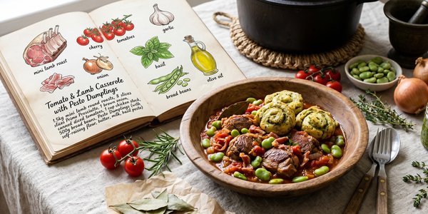 Tomato & Lamb Casserole with Pesto Dumplings
