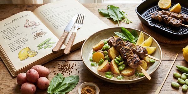 Spiced Lamb Kebabs with Tahini Potato Salad