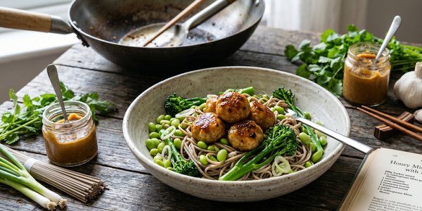 Honey Miso Turkey Meatballs with Noodle Salad