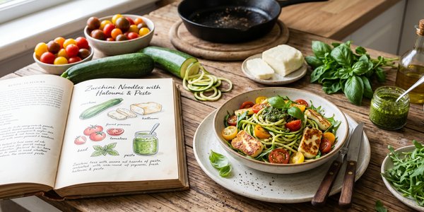 Zucchini Noodles with Haloumi & Pesto