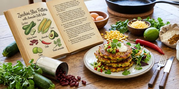 Zucchini Slice Fritters with Avocado Chilli Salsa