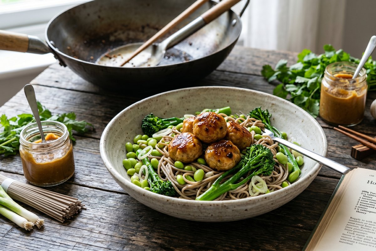 Honey Miso Turkey Meatballs with Noodle Salad