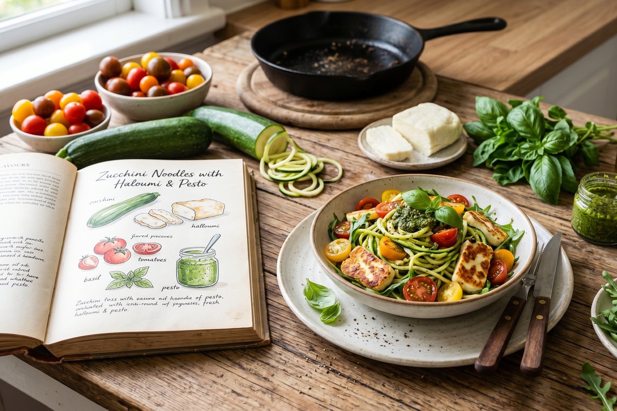 Zucchini Noodles with Haloumi & Pesto