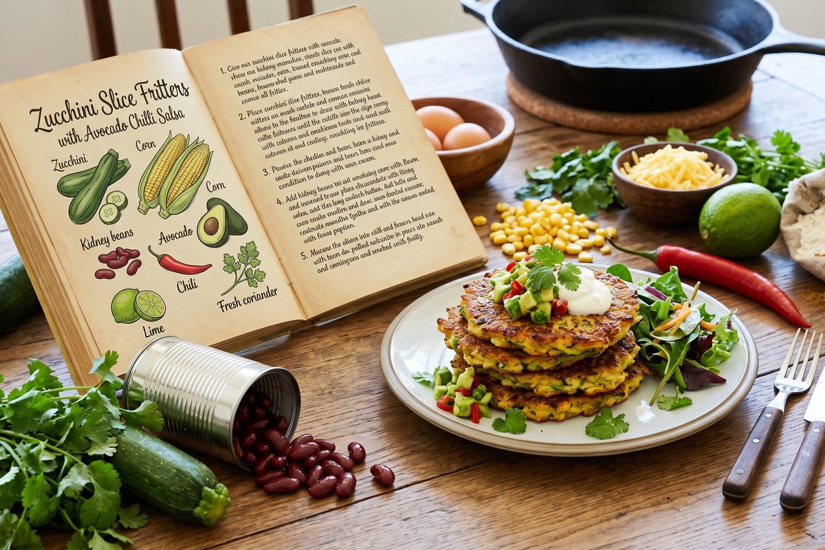 Zucchini Slice Fritters with Avocado Chilli Salsa